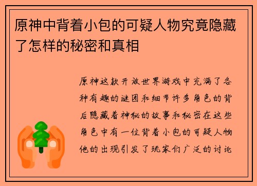 原神中背着小包的可疑人物究竟隐藏了怎样的秘密和真相